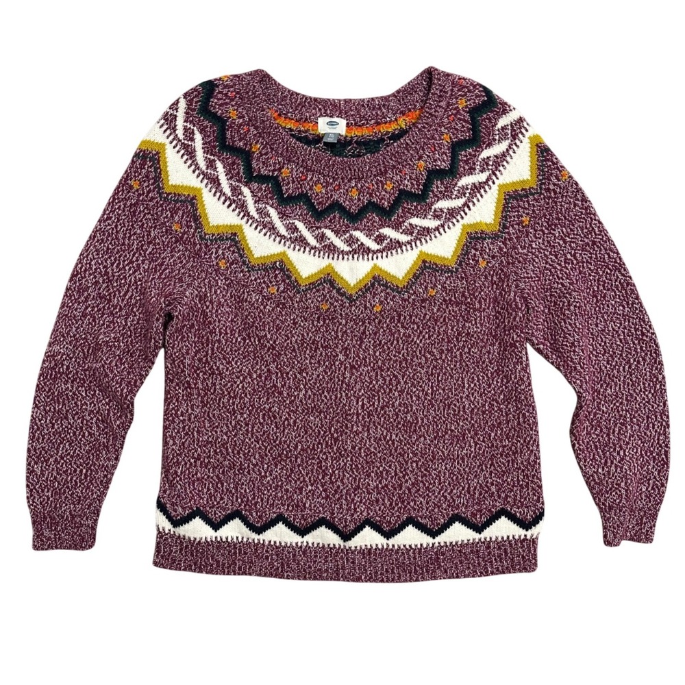 Old Navy Fair Isle Sweater XXL Burgundy Marl Knit Geometric Yoke Classic Preppy